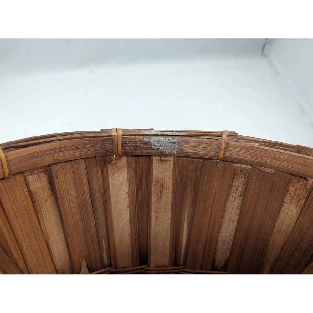 Vintage Woven Bamboo Strawberry Basket Oval Slatted Wood Storage with Handles